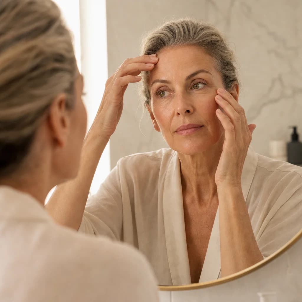 A woman looking closely at the skin around her forehead and eyes in soft morning light